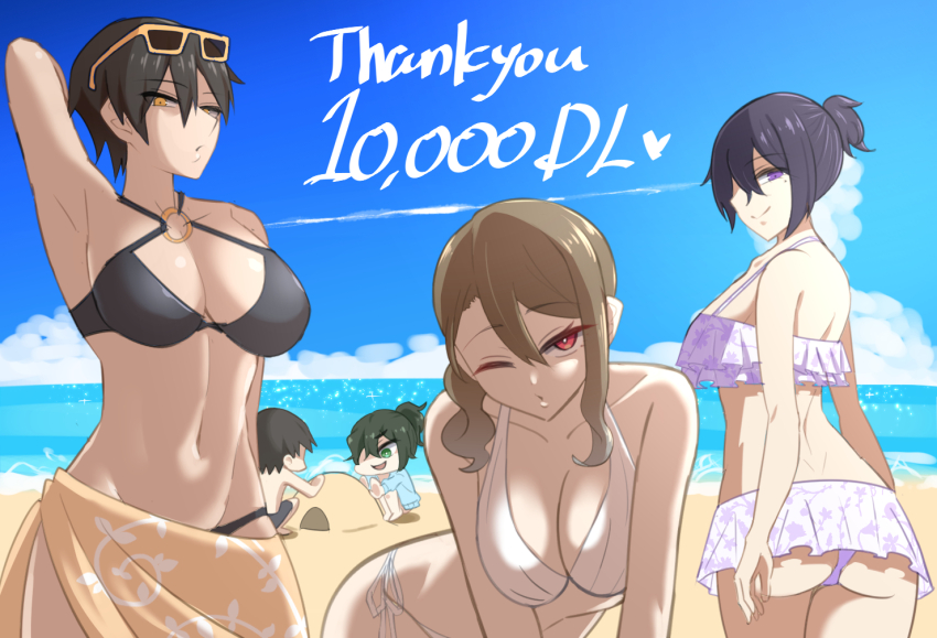 1boy, 4girls, arm_behind_head, arm_up, armpits, beach, bikini, black_hair, breasts, gyaru, hair_between_eyes, kirimoto_maika_(mzdog), kokuhaku_game, kuraishi_rin_(mzdog), large_breasts, looking_at_viewer, milestone_celebration, mole, mole_under_eye, morning, multiple_girls, mzdog, one_eye_closed, orange_eyes, purple_eyes, red_eyes, sand_castle, sand_sculpture, shimasaki_aoi_(mzdog), short_hair, smile, swimsuit, thank_you, tomboy, yomoda_shiori_(mzdog)