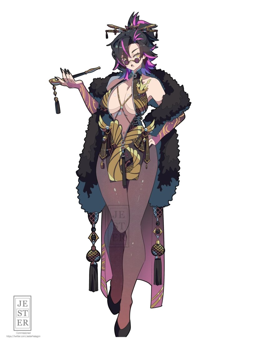 1girl, black_hair, breasts, cleavage, commission, crown, detached_sleeves, dress