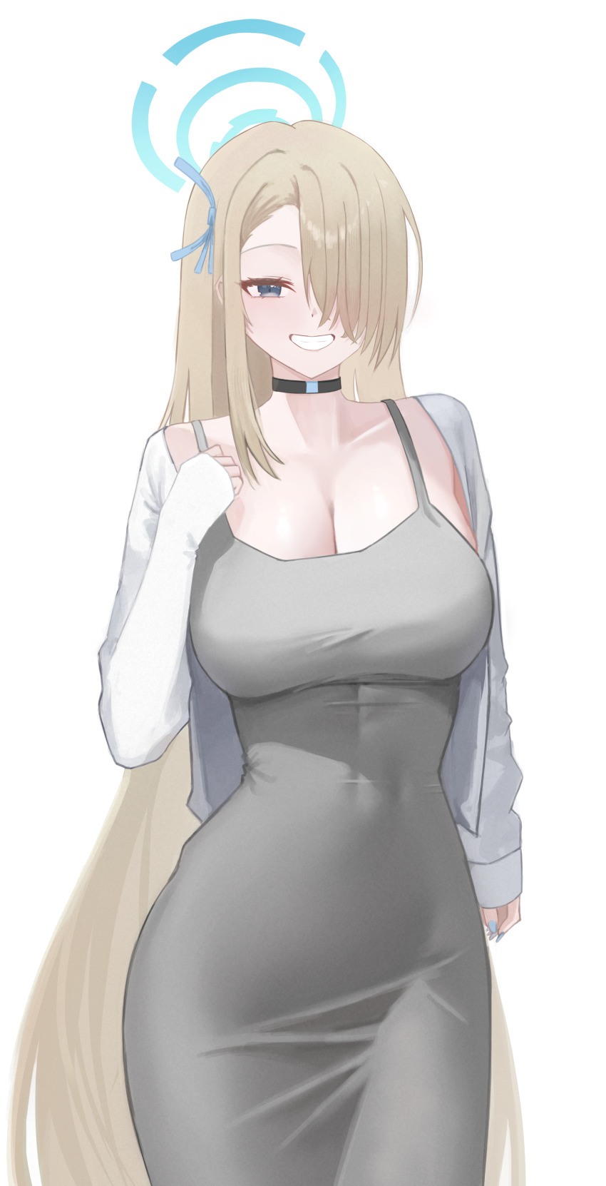 1girl, absurdres, alternate_costume, asuna_(blue_archive), asymmetrical_bangs, black_choker, blonde_hair, blue_archive