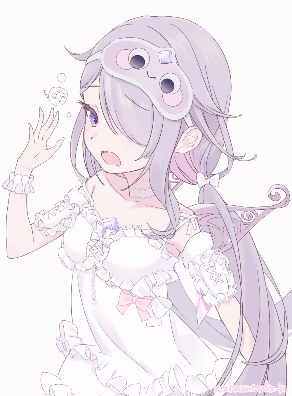 1girl, chabo_(x_xhauntedx_x), chemise, chest_jewel, choker, gem, hair_over_one_eye, highres