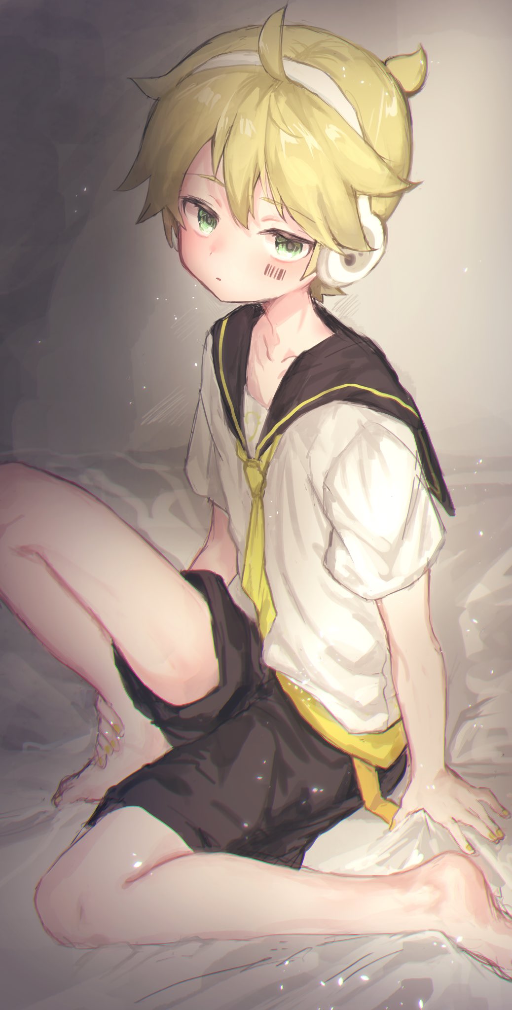 1boy, barcode, barcode_tattoo, barefoot, bed_sheet, black_sailor_collar, black_shorts, blonde_hair