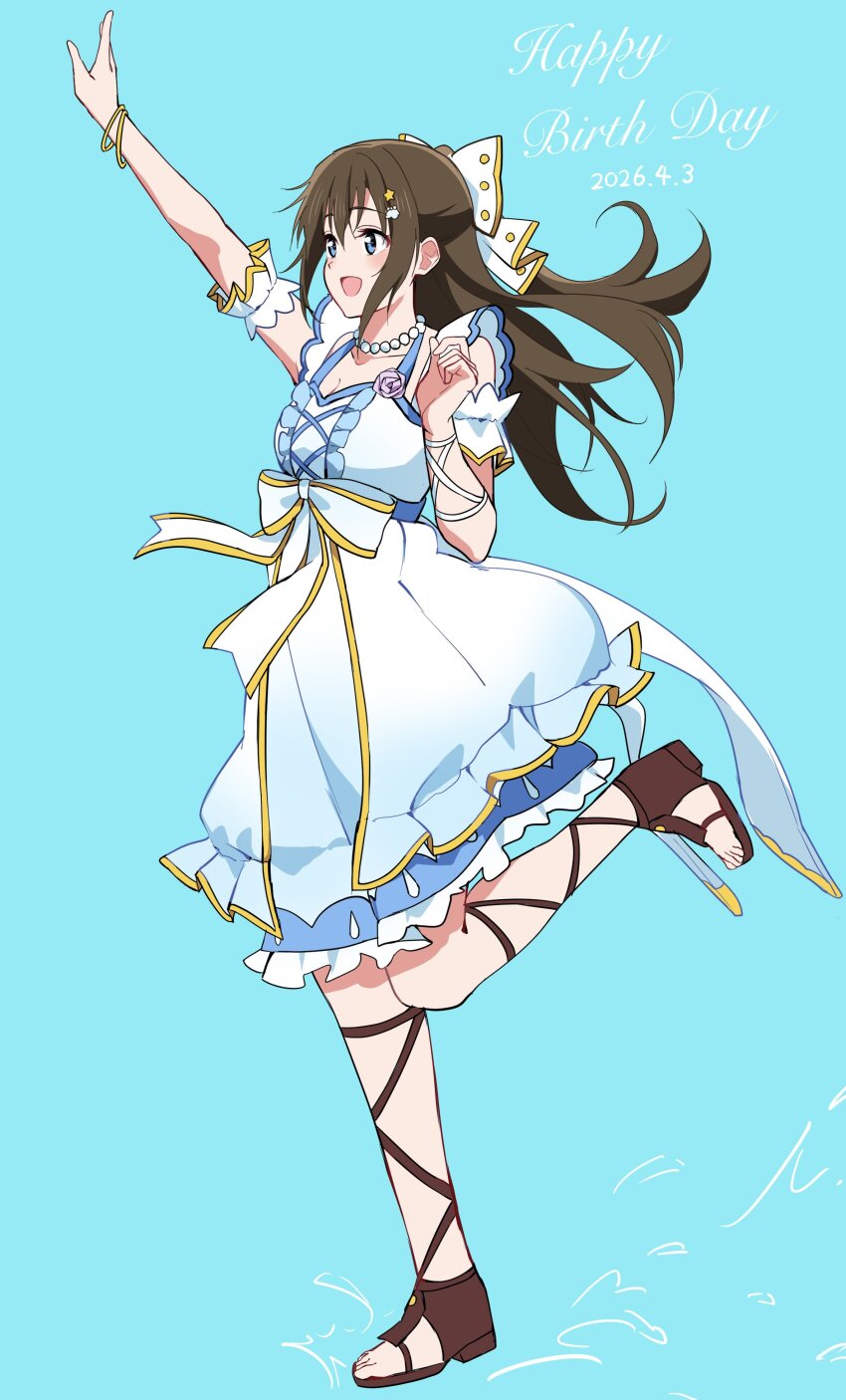 1girl, :d, absurdres, anata_no_risou_no_heroine, arm_up, blue_background, blue_dress, breasts