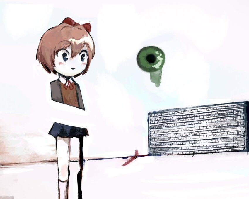 abstract, blue_skirt, bow, building, disembodied_eye, doki_doki_literature_club, kikuo, pale_skin