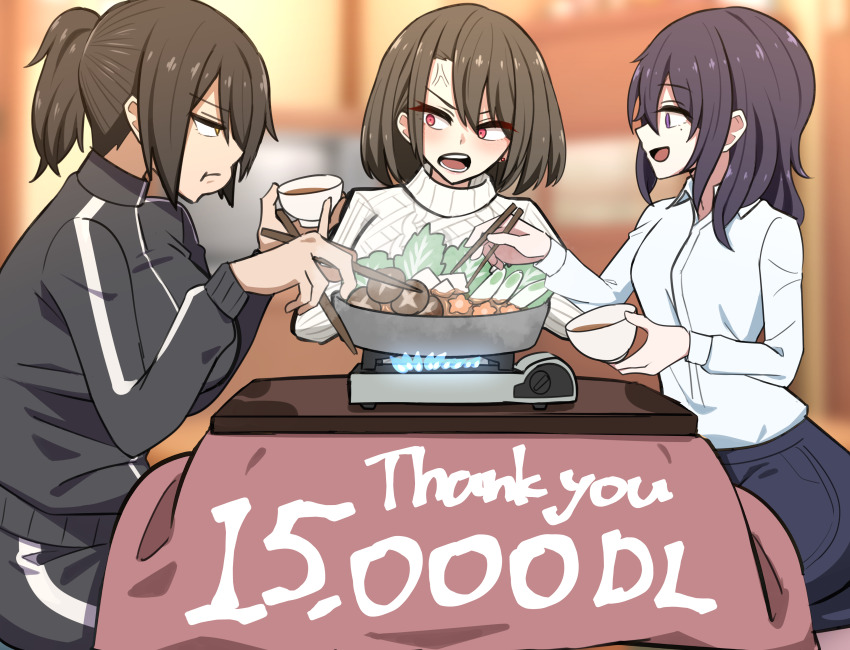 3girls, absurdres, angry, black_hair, brown_hair, chewing, chopsticks, eating