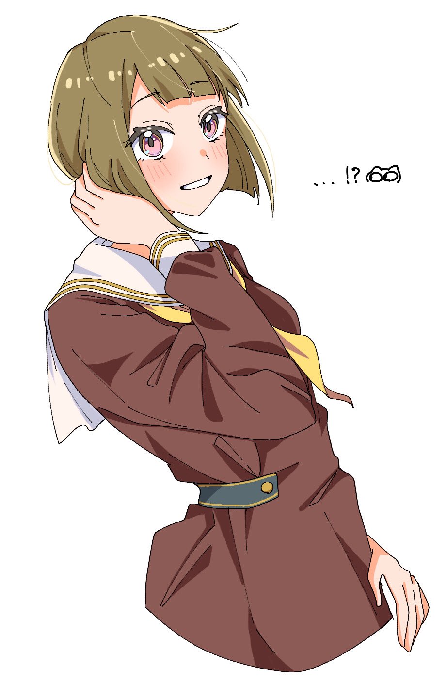 1girl, alternate_hair_length_(shorter), blush, bob_cut, brown_dress, brown_hair, commentary_request, dress, grin, hasu_no_sora_school_uniform, highres, inverted_bob, kachimachi_kosuzu, kei_hotaru28, link!_like!_love_live!, long_sleeves, looking_at_viewer, love_live!, neckerchief, official_alternate_hairstyle, pink_eyes, pleated_dress, sailor_collar, sailor_dress, school_uniform, short_hair, simple_background, smile, solo, virtual_youtuber, white_background, white_sailor_collar, winter_uniform, yellow_neckerchief