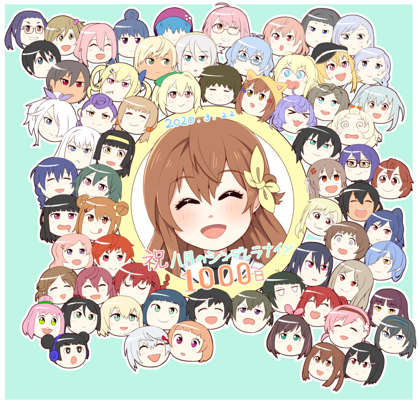 6+girls, anger_vein, arihara_tsubasa, black_hair, blonde_hair, blue-framed_eyewear, blue_bow, blue_eyes