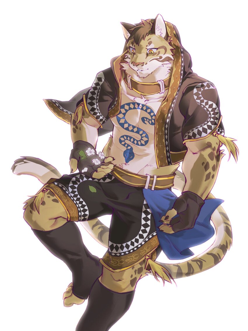 1boy, abs, animal_ears, bara, brown_gloves, brown_jacket, brown_shorts, chest_tattoo