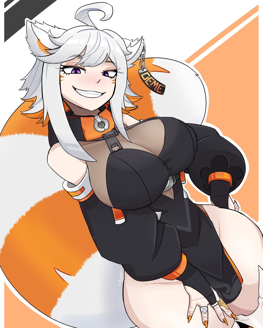 1girl, absurdres, ahoge, animal_ears, artsycreeper, bare_hips, black_sleeves, breasts, bridal_gauntlets, curvy, demenishki, facial_mark, hand_on_own_hip, highres, hip_focus, huge_breasts, indie_virtual_youtuber, jewelry, large_breasts, leotard, loincloth, looking_at_viewer, multicolored_hair, orange_hair, orange_nails, purple_eyes, red_panda_ears, red_panda_girl, red_panda_tail, ring, see-through_cleavage, see-through_clothes, see-through_leotard, short_hair, simple_background, smile, tail, teeth, thick_thighs, thighhighs, thighs, virtual_youtuber, whisker_markings, white_hair, wide_hips