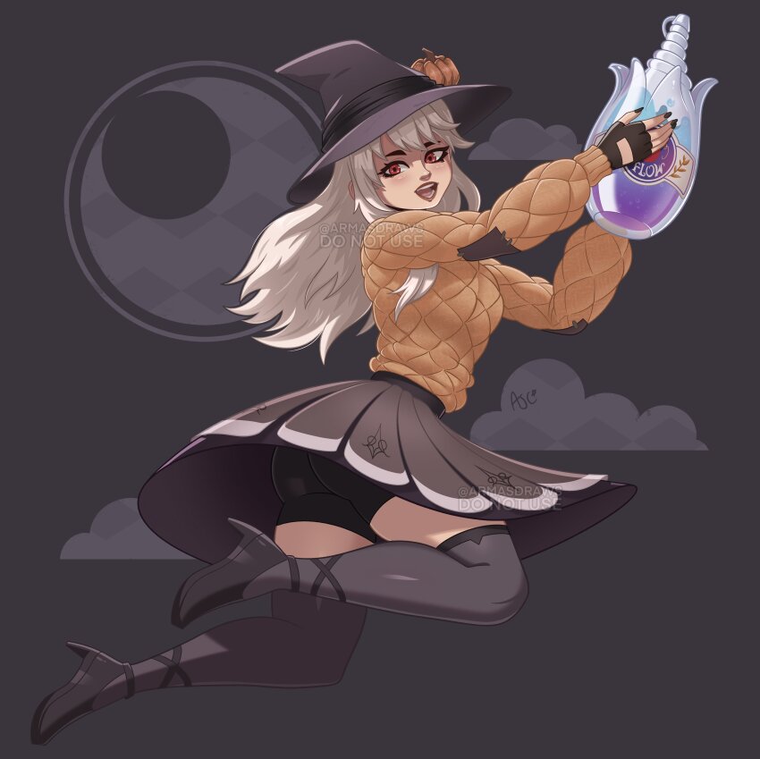 1girl, absurdres, armasdraws, bike_shorts, black_nails, blush, bottle, brown_skirt