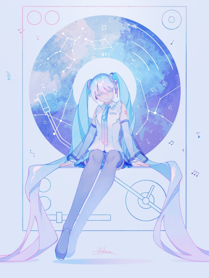 1girl, aqua_hair, bare_shoulders, closed_eyes, closed_mouth, detached_sleeves, fantasia_sora, grey_shirt