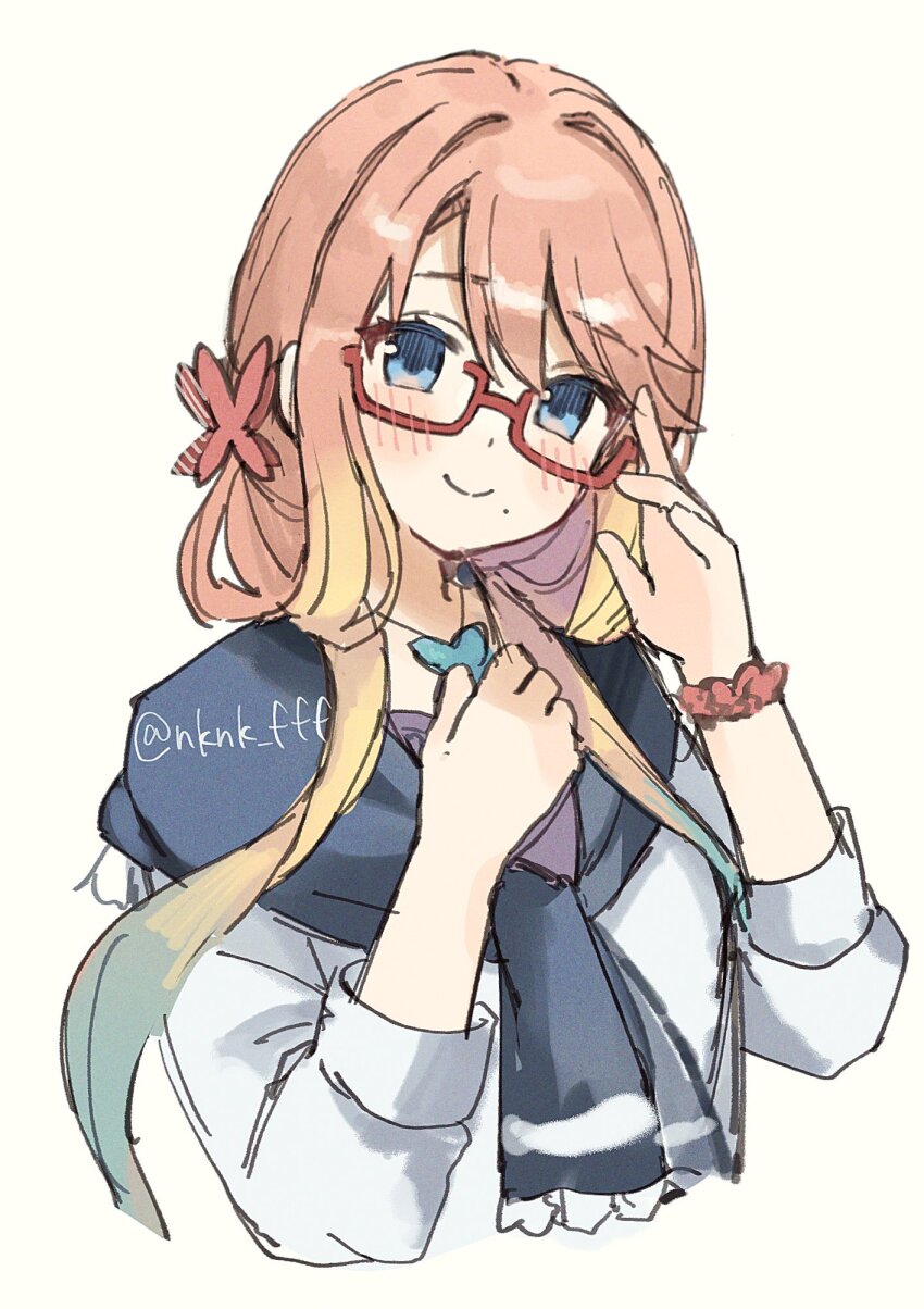 1girl, adjusting_eyewear, blonde_hair, blue_cardigan, blue_dress, blue_eyes, blue_hair, blush
