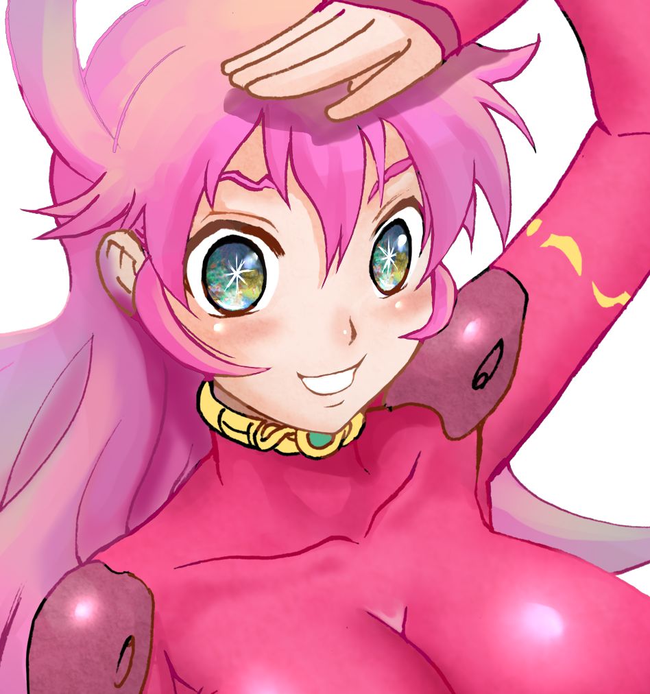 1girl, :d, arm_up, armor, blush, bodysuit, breasts, collarbone