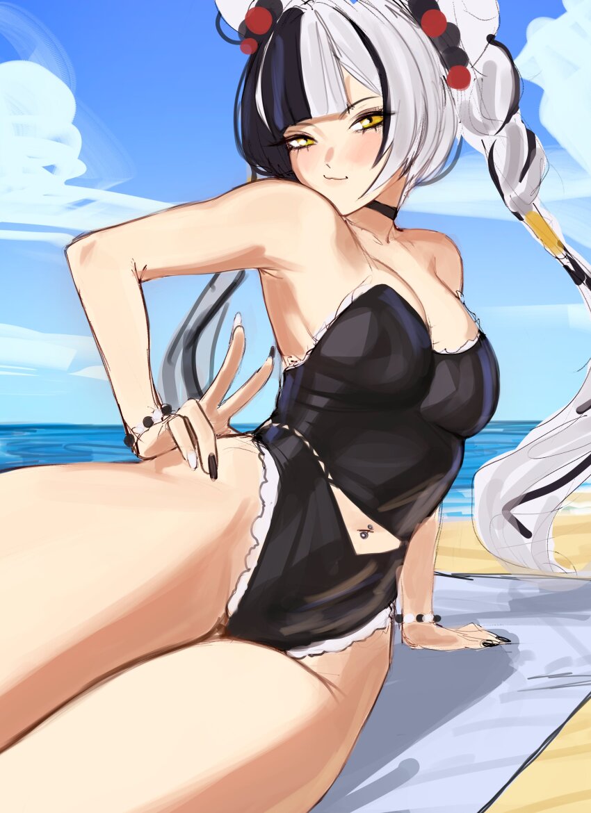 1girl, absurdres, aged_up, beach, beach_mat, bikini, black_bikini, black_choker, black_hair, black_nails, blue_sky, breasts, choker, cleavage, commentary, dialyn_(zenless_zone_zero), english_commentary, highres, i_s_s_h_i_n, long_hair, medium_breasts, multicolored_hair, navel, navel_piercing, ocean, piercing, sky, solo, swimsuit, thighs, twintails, two-tone_hair, very_long_hair, white_hair, yellow_eyes, zenless_zone_zero