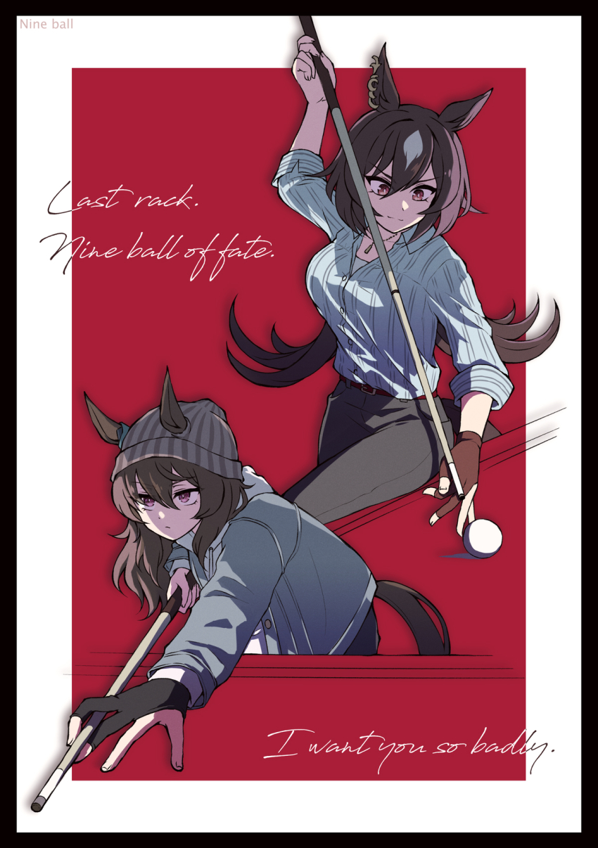 2girls, animal_ears, ball, beanie, billiard_ball, billiards, breasts, brown_hair