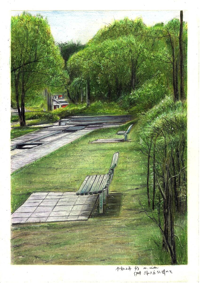 absurdres, baden_hiroshi, bench, border, colored_pencil_(medium), dated, fence, highres