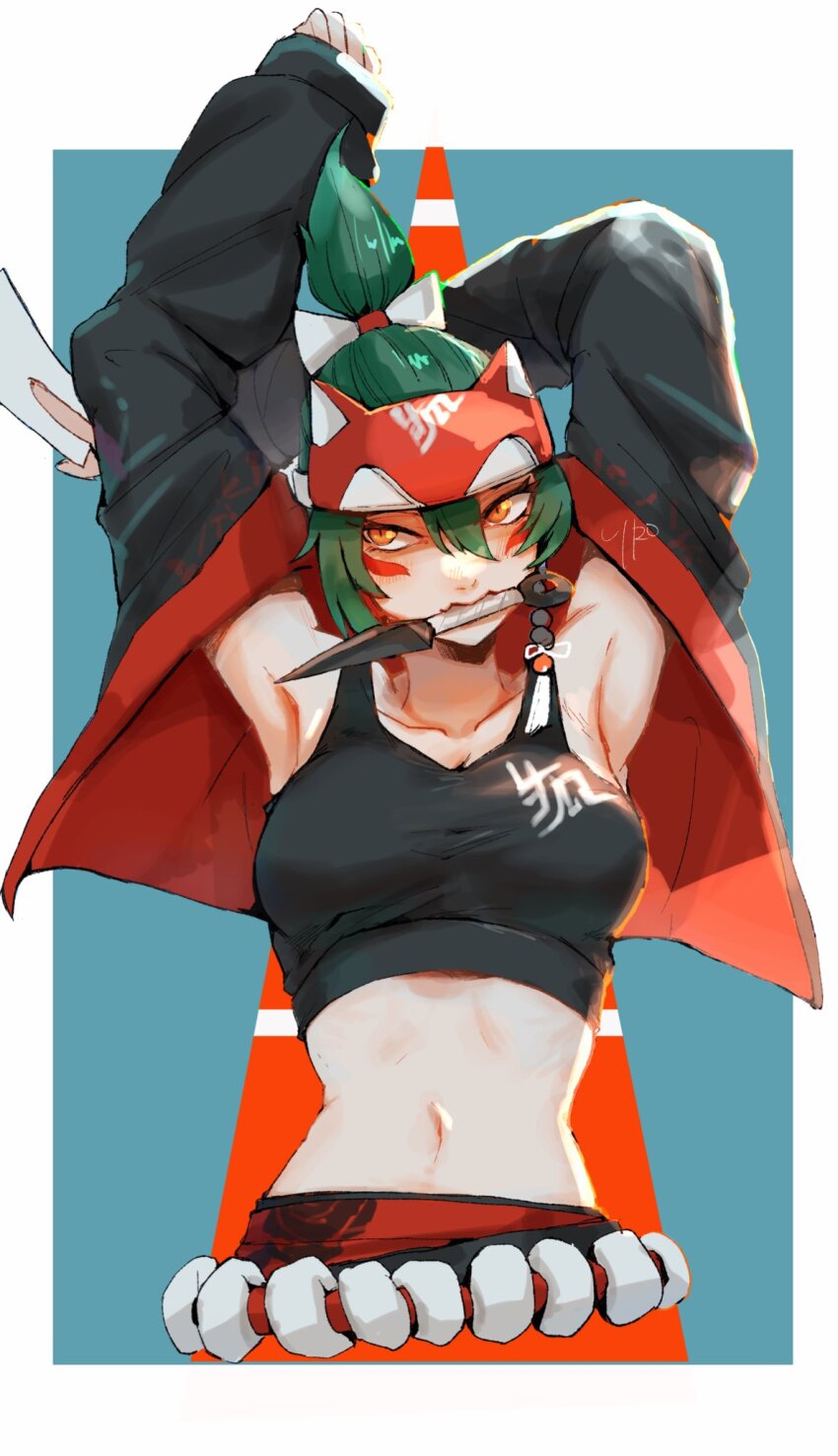 1girl, armpits, arms_up, between_fingers, black_sports_bra, border, bow, breasts