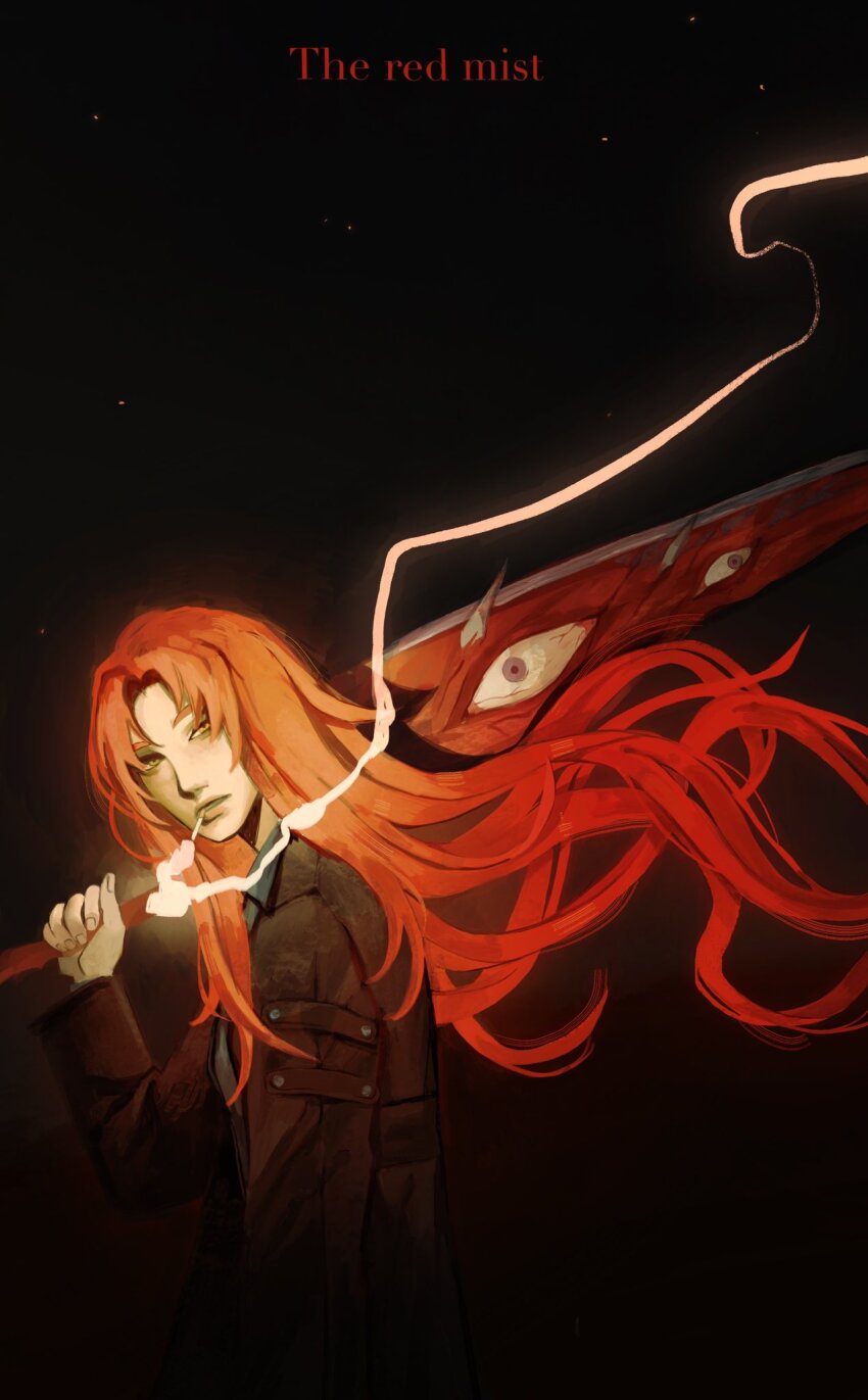 1girl, black_background, black_coat, character_name, coat, commentary, e.g.o_(project_moon), english_commentary