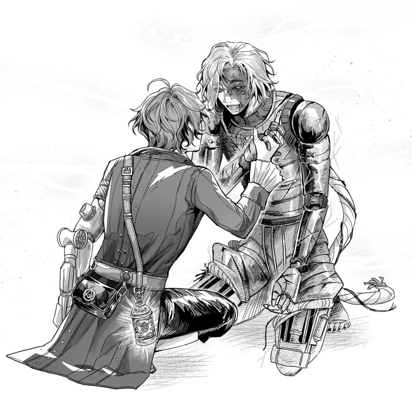 2boys, cable, coat, commentary, english_commentary, eye_contact, eyelashes, gemini_(lies_of_p)