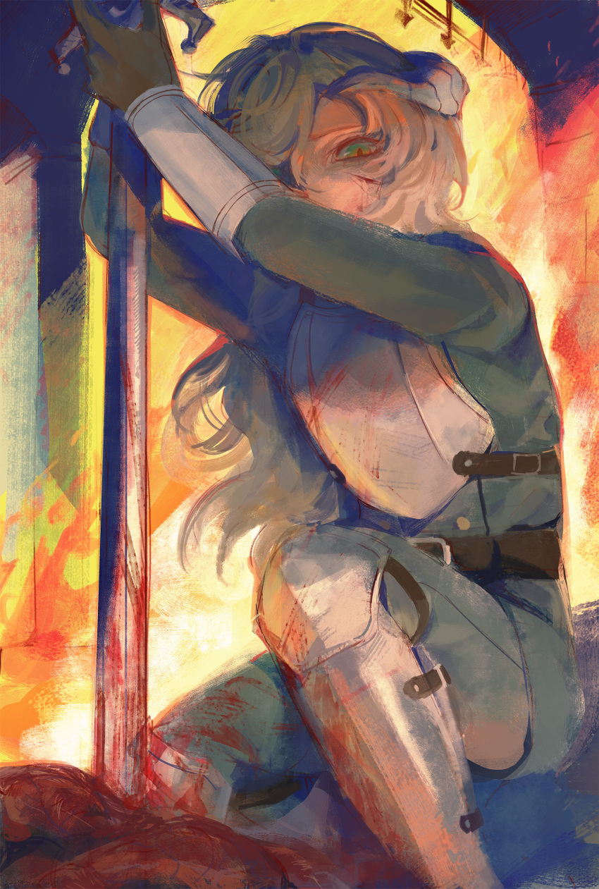 1boy, aged_down, armor, arms_up, belt, belt_buckle, black_belt, black_gloves