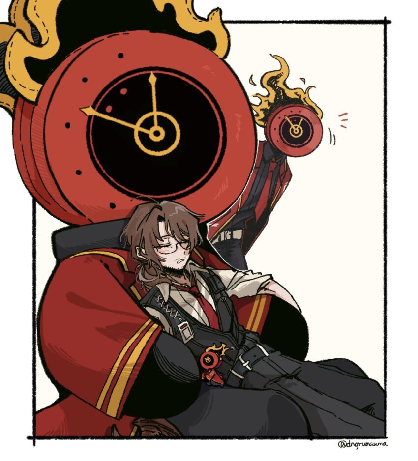 1boy, 1other, absurdres, ahoge, alternate_costume, arthropod_limbs, artist_name, beard_stubble