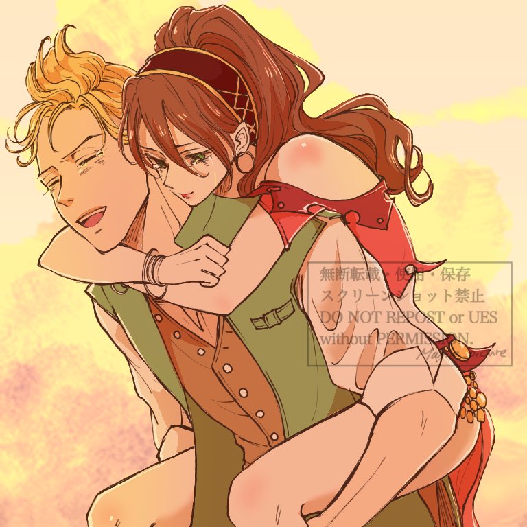 1boy, 1girl, alfyn_greengrass, black_hairband, blonde_hair, brown_hair, brown_shirt, carrying