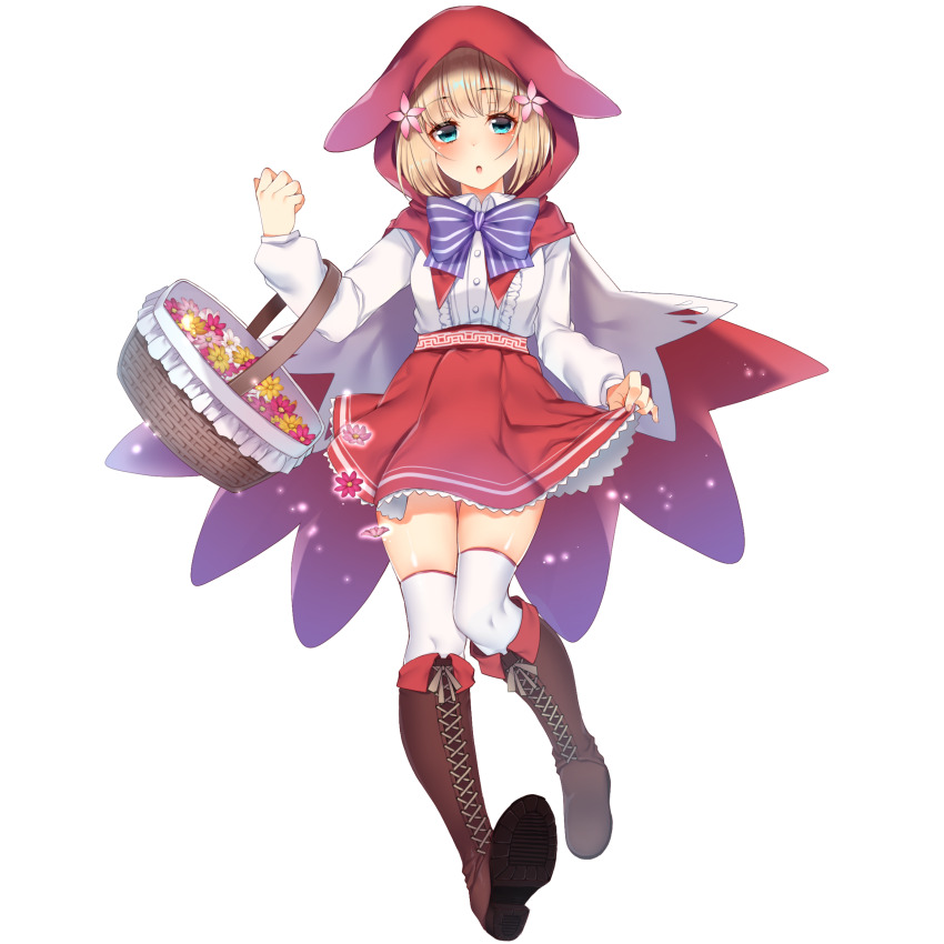 1girl, absurdres, basket, blonde_hair, blue_eyes, boots, breasts, brown_boots, buta_tamako, cloak, flower, full_body, grimms_notes, hair_flower, hair_ornament, hand_up, highres, holding, holding_basket, hood, hooded_cloak, looking_at_viewer, parted_lips, pink_flower, red_cloak, red_hood, red_riding_hood_(grimms_notes), red_riding_hood_(original)_(grimms_notes), red_skirt, shirt, simple_background, skirt, solo, thighhighs, white_background, white_shirt, white_thighhighs