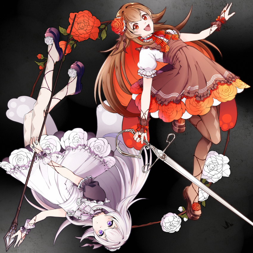 2girls, black_shirt, brown_dress, brown_hair, brown_pantyhose, brown_skirt, closed_mouth, colored_inner_hair, dress, flower, grey_hair, grimms_notes, hair_between_eyes, highres, holding, holding_staff, holding_sword, holding_weapon, kurenai_no_tempest_(grimms_notes), long_hair, looking_at_viewer, multicolored_hair, multiple_girls, open_mouth, pantyhose, pinafore_dress, puffy_short_sleeves, puffy_sleeves, purple_eyes, red_eyes, red_flower, red_hair, red_rose, red_rose_(grimms_notes), rose, shiro_no_harmonia_(grimms_notes), shirt, short_sleeves, skirt, sleeveless, sleeveless_dress, smile, sss094dog, staff, sword, upside-down, weapon, white_dress, white_flower, white_rose, white_rose_(grimms_notes), white_rose_(original)_(grimms_notes), white_skirt