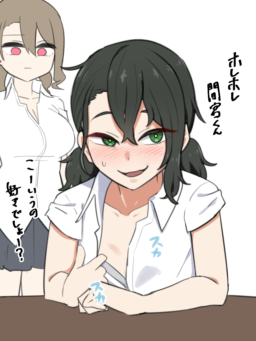 blush, breasts, brown_hair, come_hither, desk, expressionless, green_eyes, green_hair