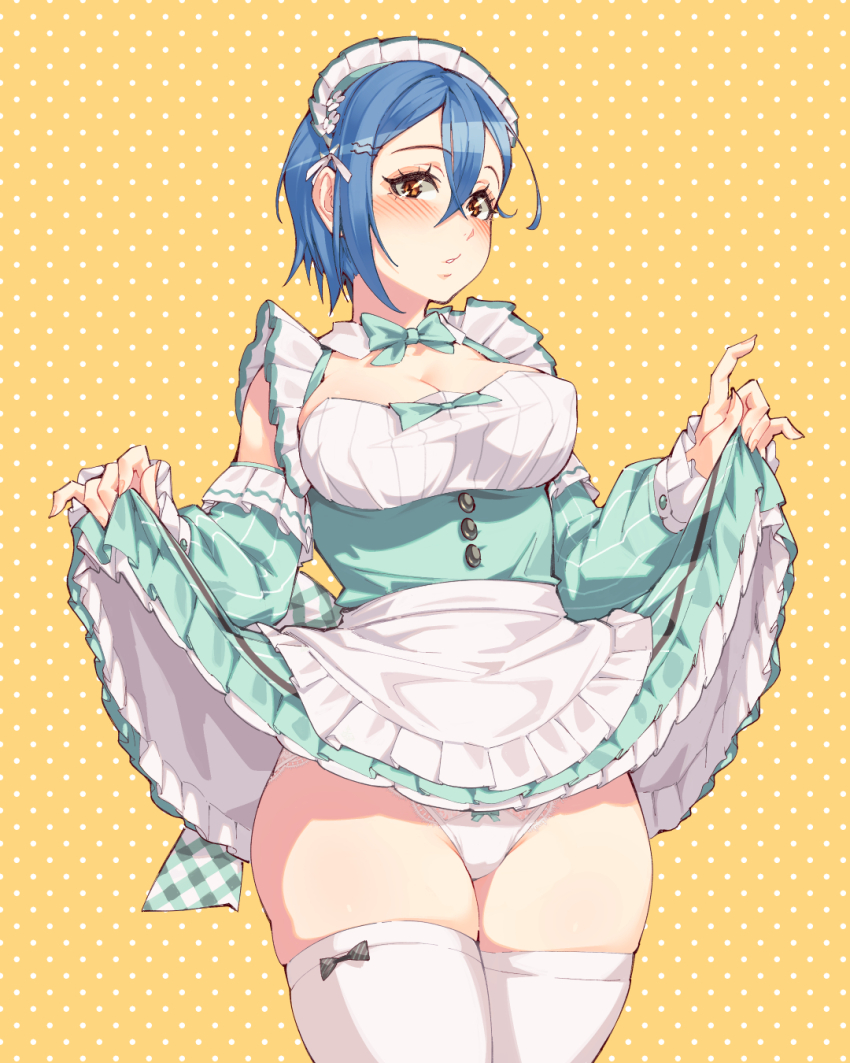 1girl, ai_scream!_(love_live!), apron, aqua_dress, blue_hair, blush, breasts, brown_eyes, cleavage, clothes_lift, commentary, dress, dress_lift, english_commentary, highres, large_breasts, lifting_own_clothes, love_live!, love_live!_superstar!!, maid, maid_headdress, orange_background, panties, parted_lips, polka_dot, polka_dot_background, solo, thick_thighs, thighhighs, thighs, toadsterz, underwear, waist_apron, wakana_shiki, white_panties, white_thighhighs
