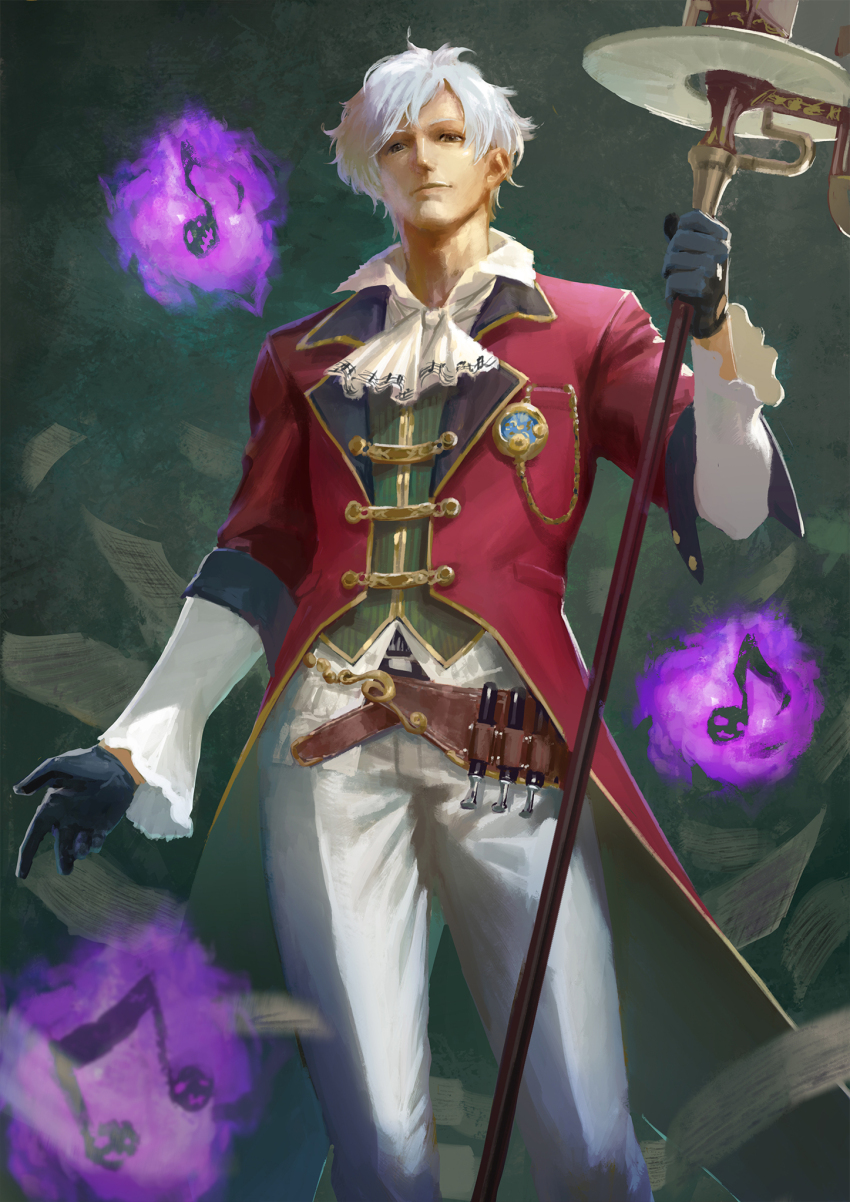 1boy, amadeus_mozart_(grimms_notes), amadeus_mozart_(original)_(grimms_notes), black_gloves, closed_mouth, coat, falling_paper, gloves