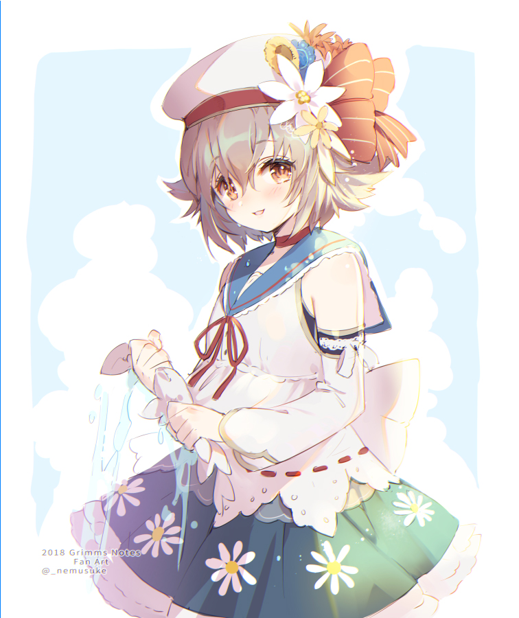 1girl, 2018, blue_sailor_collar, brown_hair, copyright_name, flower, grimms_notes, hat