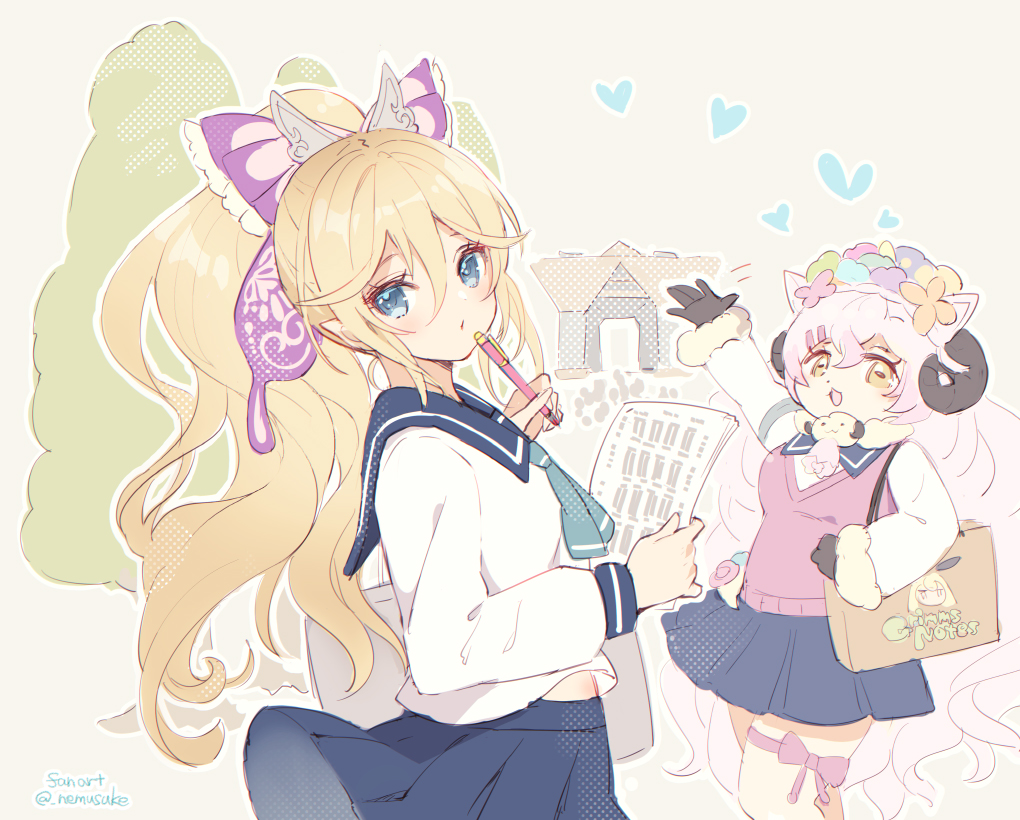 2girls, arm_up, blonde_hair, blue_eyes, blue_sailor_collar, blue_skirt, eleanor_linless_(gakuen)_(grimms_notes), eleanor_linless_(grimms_notes)