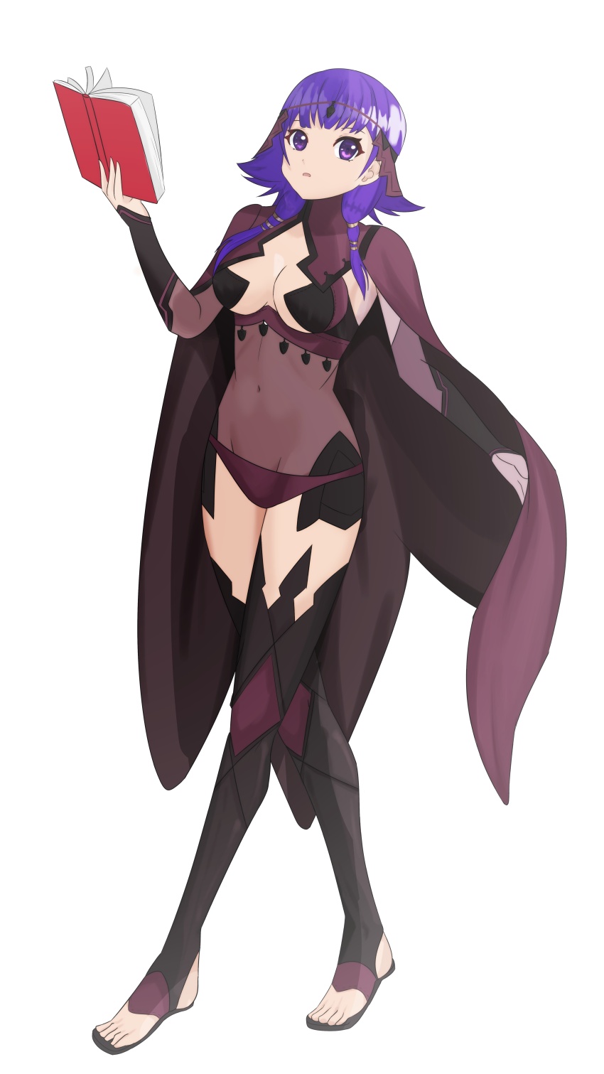 1girl, absurdres, alternate_costume, bodystocking, book, cape, covered_navel, dark_mage_(fire_emblem_fates)