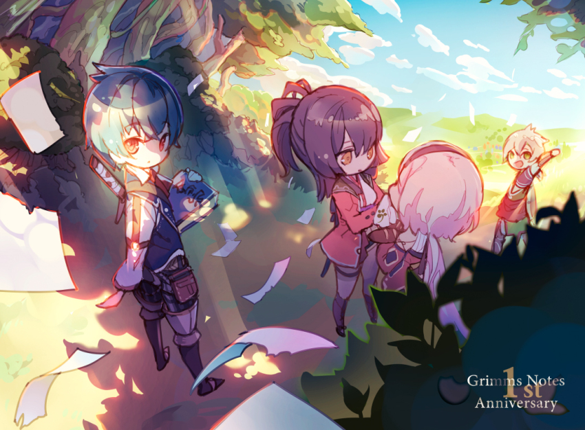 2boys, 2girls, aqua_hair, arm_up, black_hair, blonde_hair, blue_vest, book