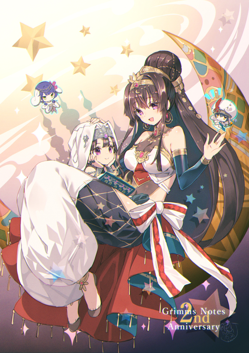 1boy, 3girls, aladdin_(grimms_notes), aladdin_(koutei)_(grimms_notes), anniversary, arabian_clothes, black_hair, breasts