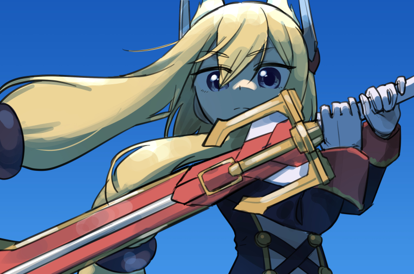 1girl, azur_lane, blonde_hair, blue_background, closed_mouth, commentary_request, gloves, hair_between_eyes