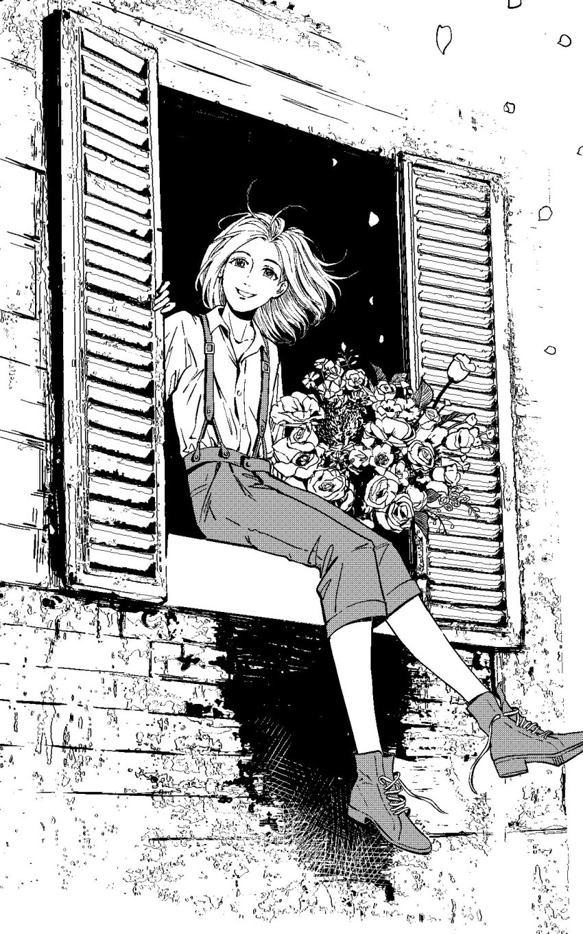 1boy, bouquet, collared_shirt, commentary, falling_petals, floating_hair, flower, greyscale, highres, holding, holding_bouquet, lies_of_p, looking_at_viewer, male_focus, medium_hair, monochrome, moonlitmelody, pants, petals, romeo_(lies_of_p), shirt, shoes, sitting_in_window, smile, solo, suspenders, window