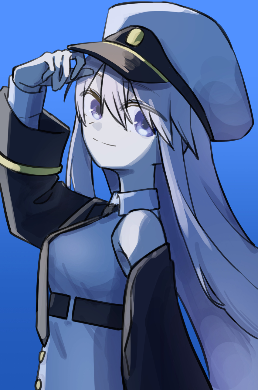 1girl, absurdres, azur_lane, black_coat, black_necktie, blue_background, breasts, closed_mouth