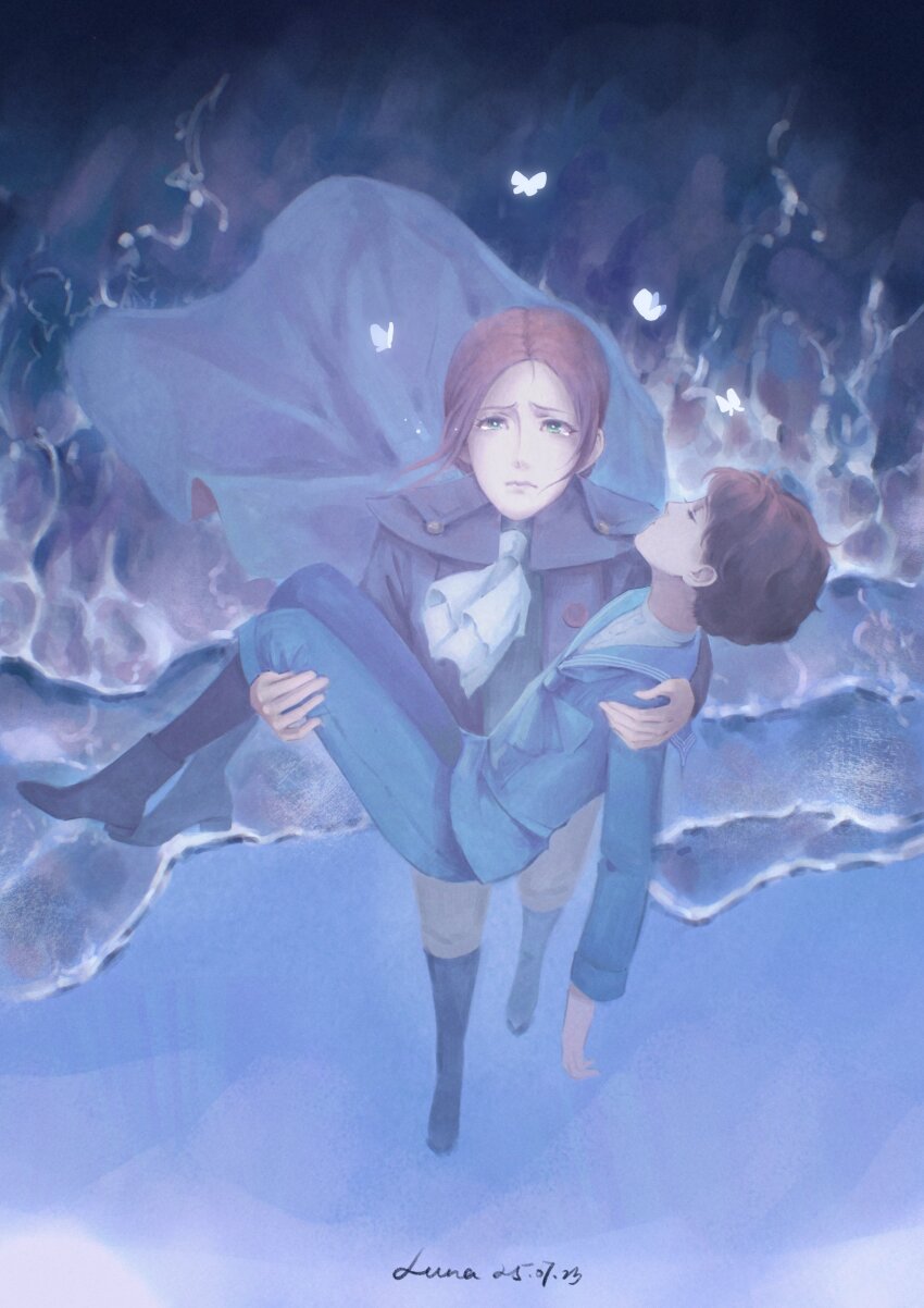 1boy, 1girl, absurdres, ascot, black_boots, black_coat, blue_pants, blue_shirt