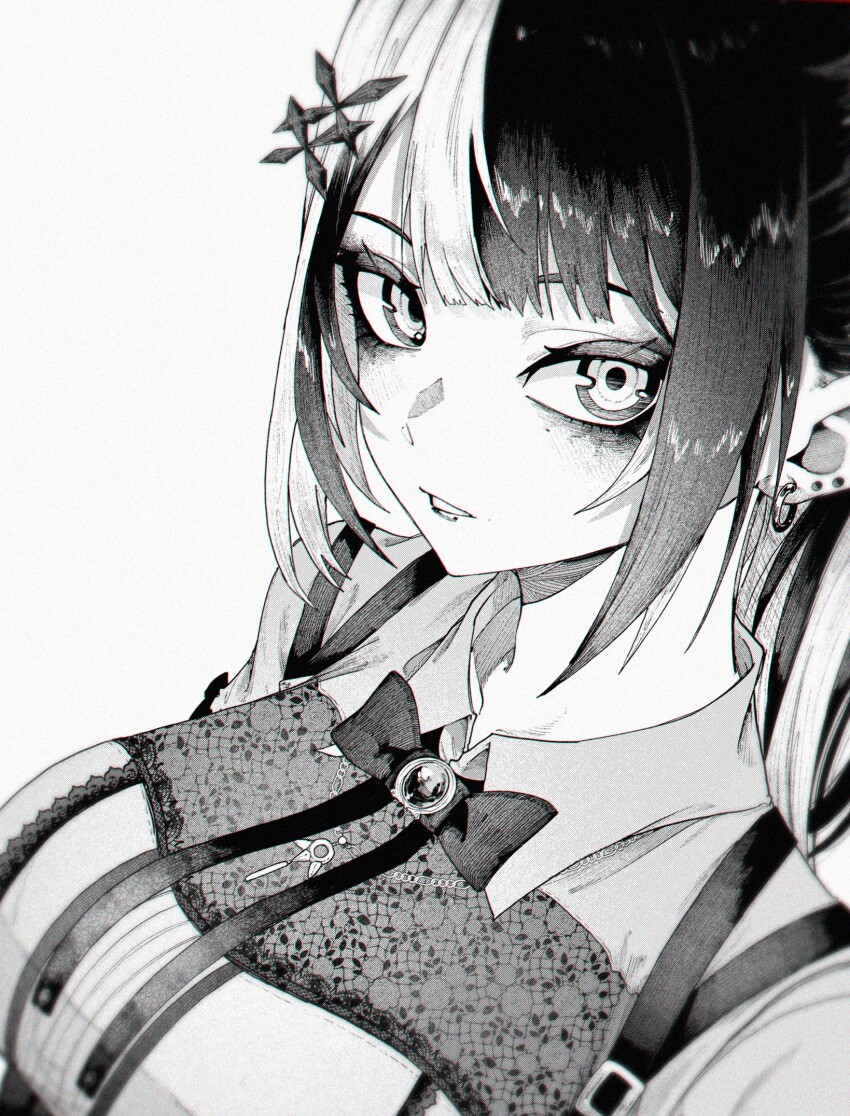 1girl, black_hair, breasts, commentary, ear_piercing, earrings, gamousyno, hair_ornament