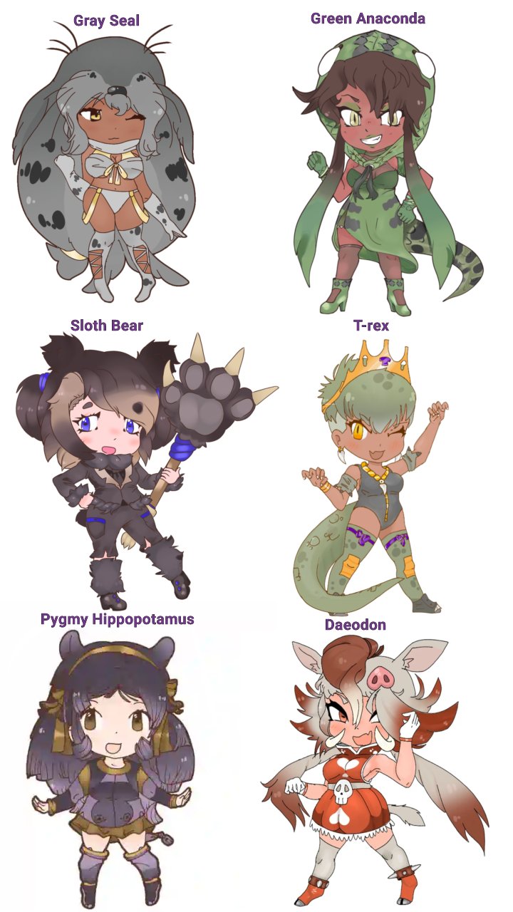 6+girls, :d, animal_ears, animal_print, anklet, arm_at_side, arm_up, armpits, arms_at_sides, asymmetrical_hair, bare_shoulders, bear_ears, bear_girl, bear_tail, belt, bikini, bracelet, breasts, brown_eyes, brown_hair, brown_thighhighs, character_name, chibi, chibi_only, closed_mouth, commentary, contrapposto, crown, dark-skinned_female, dark_skin, detached_hood, detached_sleeves, dinosaur_girl, dinosaur_tail, dress, earrings, elbow_gloves, fake_tail, fang, full_body, fur_leg_warmers, gloves, gradient_hair, green_eyes, green_hair, green_lips, grey_background, grey_hair, greyscale, grin, hair_ornament, hair_over_one_eye, hand_on_own_hip, hand_up, high_heels, highres, hippopotamus, hippopotamus_ears, holding, holding_polearm, holding_sword, holding_weapon, hood, hood_up, horizontal_pupils, jacket, jewelry, kemono_friends, knee_pads, leg_warmers, legs_apart, leotard, lipstick, long_hair, long_sleeves, looking_at_viewer, looking_to_the_side, low-cut_armhole, makeup, miniskirt, monochrome, multicolored_hair, multiple_girls, necktie, official_style, one_eye_closed, one_eye_covered, open_mouth, original, over-kneehighs, paw_stick, personification, pig_ears, pocket, pointy_ears, polearm, print_gloves, print_hood, print_thighhighs, purple_eyes, purple_hippo, red_eyes, shoes, short_hair, shorts, side_slit, sideboob, simple_background, skin_fang, skirt, skull, sleeveless, sleeveless_dress, slit_pupils, smile, snake_girl, snake_hood, snake_print, snake_tail, spiked_anklet, spikes, standing, standing_on_one_leg, swimsuit, sword, tail, tan, tareme, thighhighs, tooth_earrings, twintails, two-tone_hair, two_side_up, untranslatable_commentary, very_dark_skin, very_long_hair, weapon, white_gloves, yellow_eyes, zettai_ryouiki, zipper, zipper_pull_tab