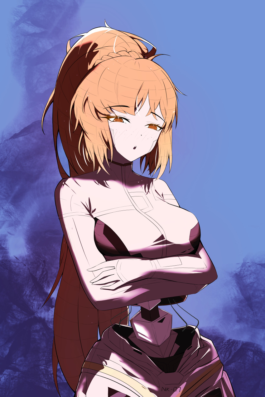 1girl, absurdres, albina_(project_moon), albina_(project_moon)_(cosplay), arms_under_breasts, ayamiya, blue_background, breasts