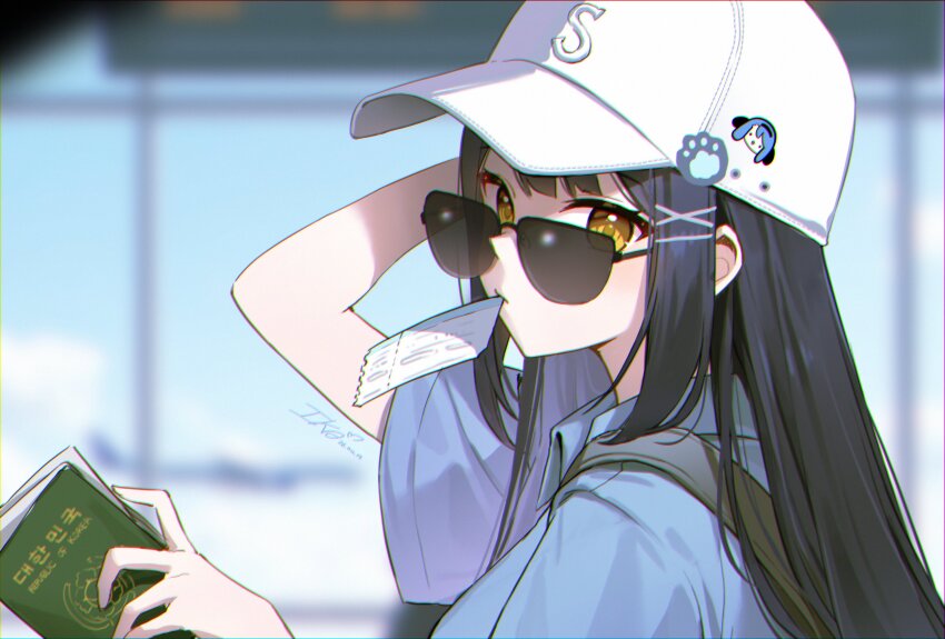 1girl, artist_name, bag, baseball_cap, black-framed_eyewear, black_hair, blue_shirt, blue_sky