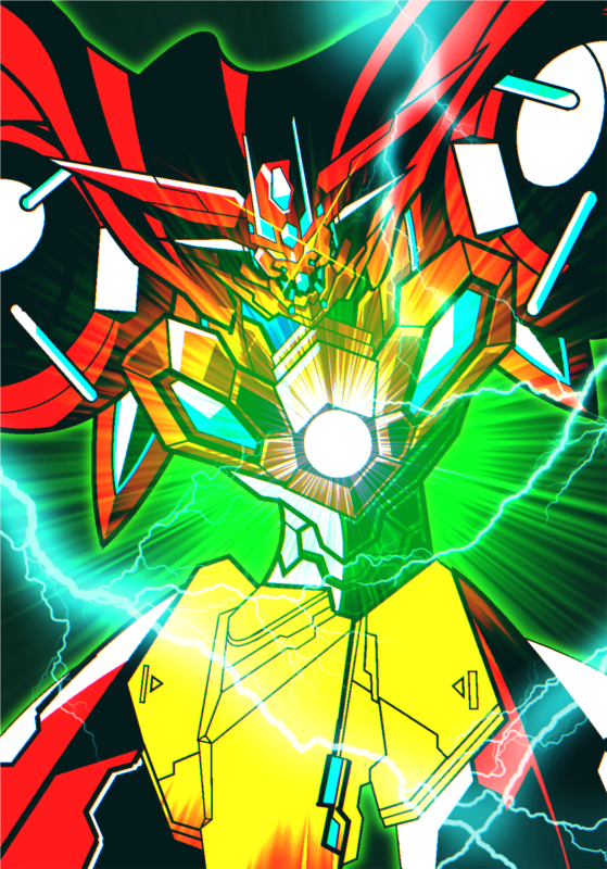 cape, commentary_request, getter-1_(devolution), getter_jun_optimus, getter_robo, getter_robo_devolution, glowing, horns, looking_at_viewer, mecha, mecha_focus, no_humans, robot, scarf, science_fiction, solo, super_robot, yellow_eyes