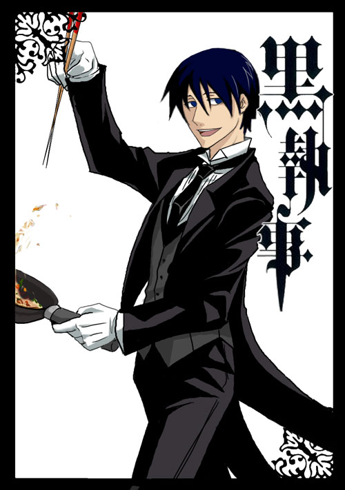 1boy, bad_id, bad_pixiv_id, black_eyes, black_hair, butler, chopsticks, copyright_name