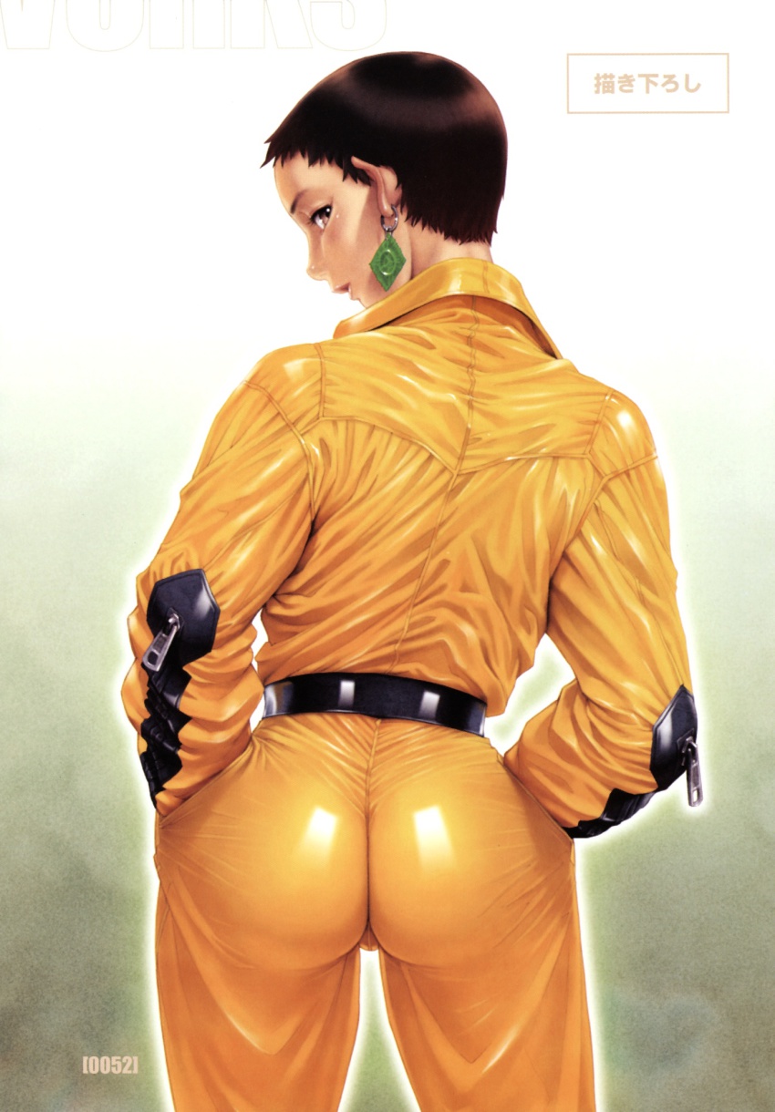 1boy, androgynous, ass, back, belt, brown_eyes, brown_hair, bulge, condom, condom_wrapper, cowboy_shot, earrings, from_behind, hands_in_pockets, highres, jewelry, jumpsuit, lips, looking_back, male_focus, natural_wedgie, orange_jumpsuit, original, page_number, po-ju, short_hair, skin_tight, solo, standing, trap, very_short_hair, wedgie, zipper