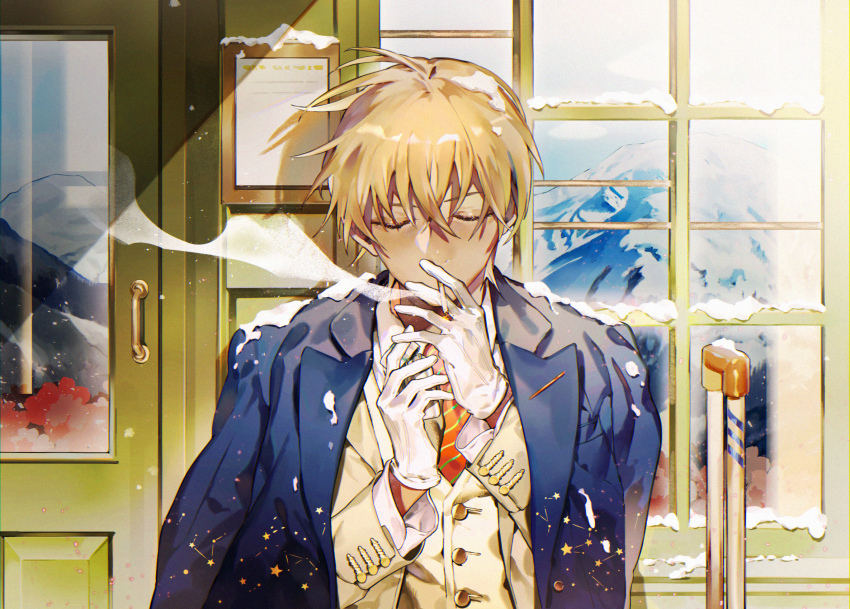 1boy, ahoi, amuro_tooru, blonde_hair, blue_jacket, closed_eyes, commentary_request, door