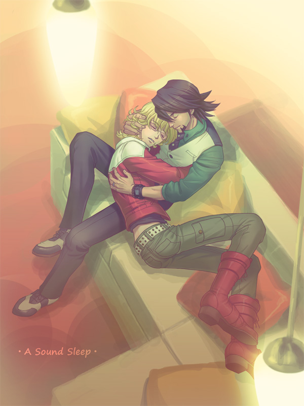 10s, 2boys, b_ribbon, barnaby_brooks_jr., belt, blonde_hair, boots, brown_hair, couch, facial_hair, glasses, hand_in_own_hair, jacket, kaburagi_t._kotetsu, male_focus, multiple_boys, necktie, red_jacket, sbr, short_hair, sleeping, stubble, studded_belt, tiger_&amp;_bunny, vest, waistcoat