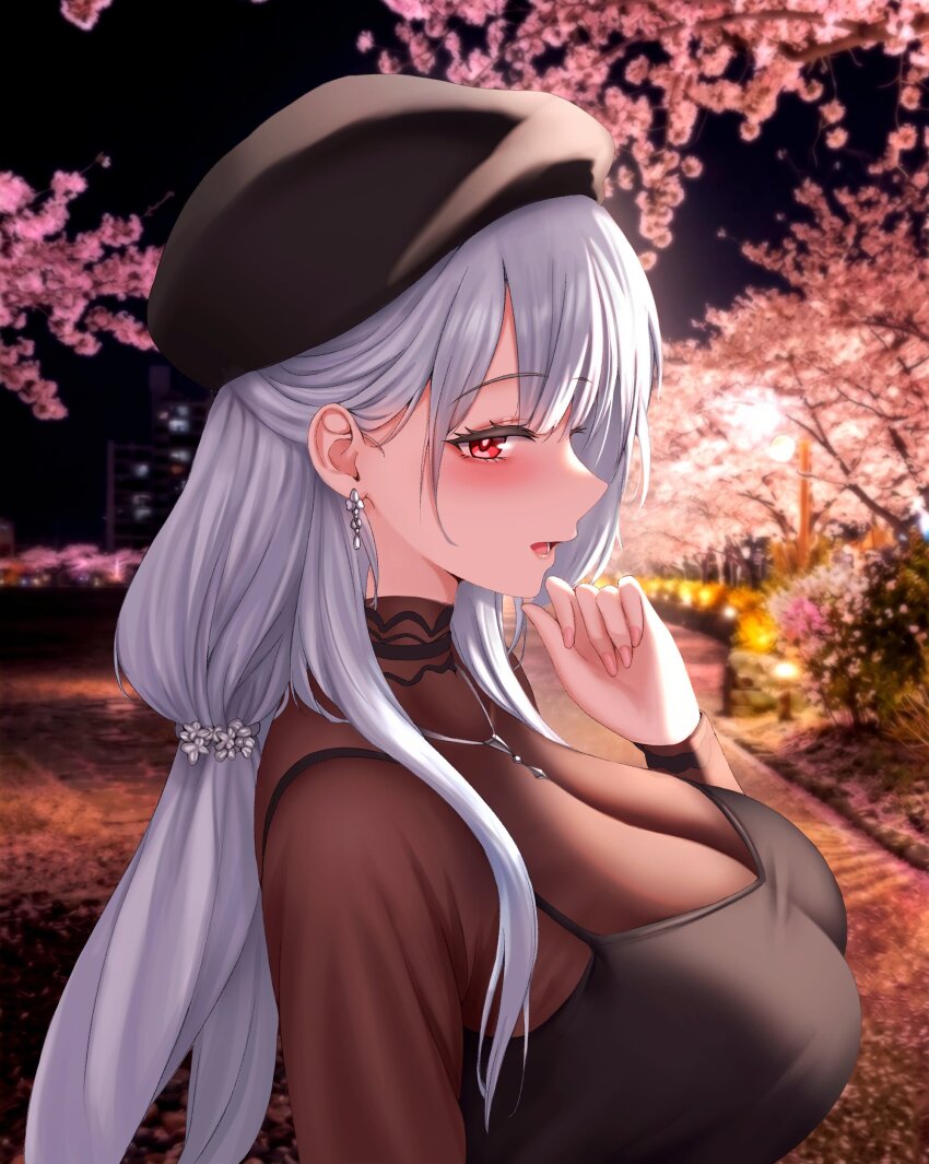 1girl, absurdres, azur_lane, beret, black_camisole, blossoms, blurry, blush, brown_dress, camisole, cherry_blossoms, commentary_request, depth_of_field, dress, earrings, floral_bow_hair_ornament, food, from_side, hair_ornament, hat, highres, jewelry, light_particles, long_hair, long_sleeves, looking_at_viewer, low_ponytail, necklace, night, open_mouth, path, ponytail, red_eyes, road, scylla_(azur_lane), tree, urarasy, white_hair