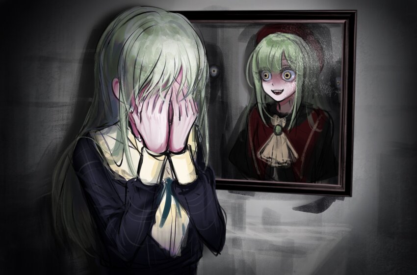 2girls, ascot, bang_dream!, bang_dream!_it's_mygo!!!!!, beret, blue_ribbon, brooch, capelet, commentary, covering_face, crazy_eyes, crazy_smile, disembodied_eye, dress, dual_persona, english_commentary, fangs, green_hair, hat, highres, horror_(theme), jewelry, long_hair, long_sleeves, mortis_(bang_dream!), mortis_(costume)_(bang_dream!), mortis_(persona)_(bang_dream!), multiple_girls, mutsumi/mortis_headspace, neck_ribbon, painting_(object), plaid_clothes, plaid_dress, red_capelet, reflective_surface, ribbon, shadow, shoushud, sidelighting, sleeve_cuffs, smile, swept_bangs, vignetting, wakaba_mutsumi, wide-eyed